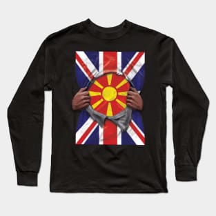 Macedonia Flag Great Britain Flag Ripped - Gift for Macedonian From Macedonia Long Sleeve T-Shirt